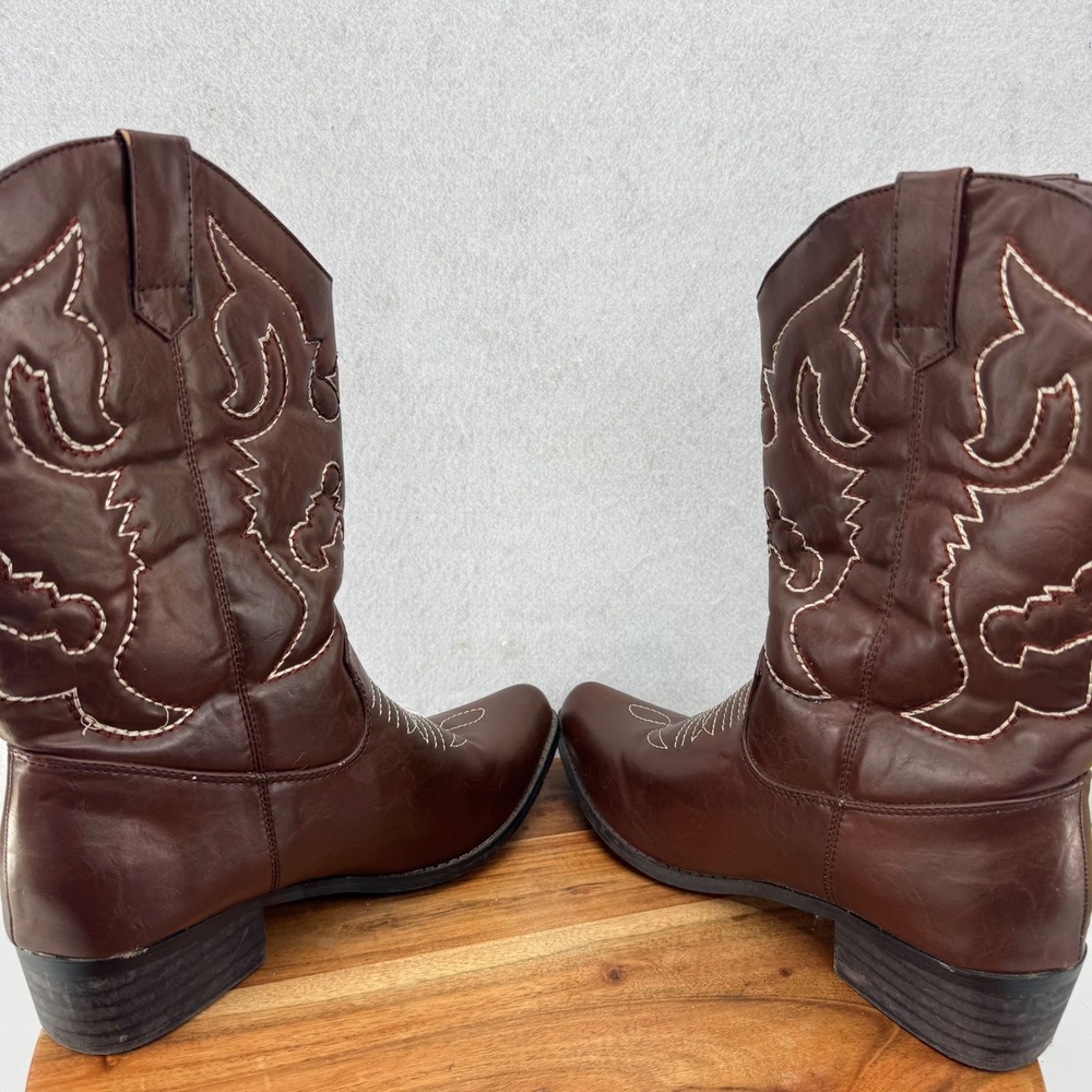 SheSole Brown Faux Leather Western Cowboy Boots‎ Stitch Detail Size 41 US 10.5 - Picture 7 of 10